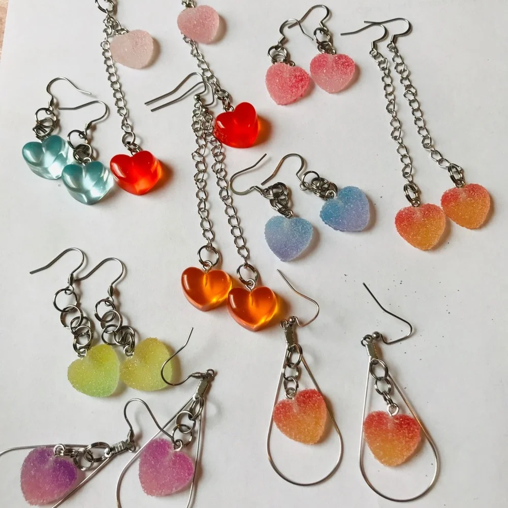 Blue Kawaii Candy Soft Gummy Heart Ombré Handmade Stainless Steel Earrings - Picture 9 of 15